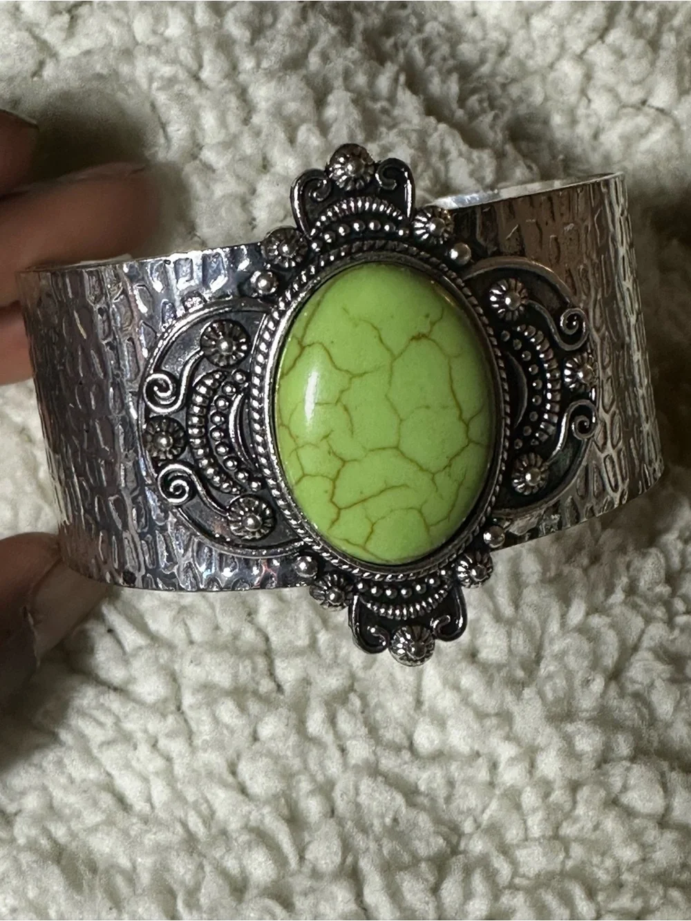 Silver Cuff Bracelet with Lime Green Stone
